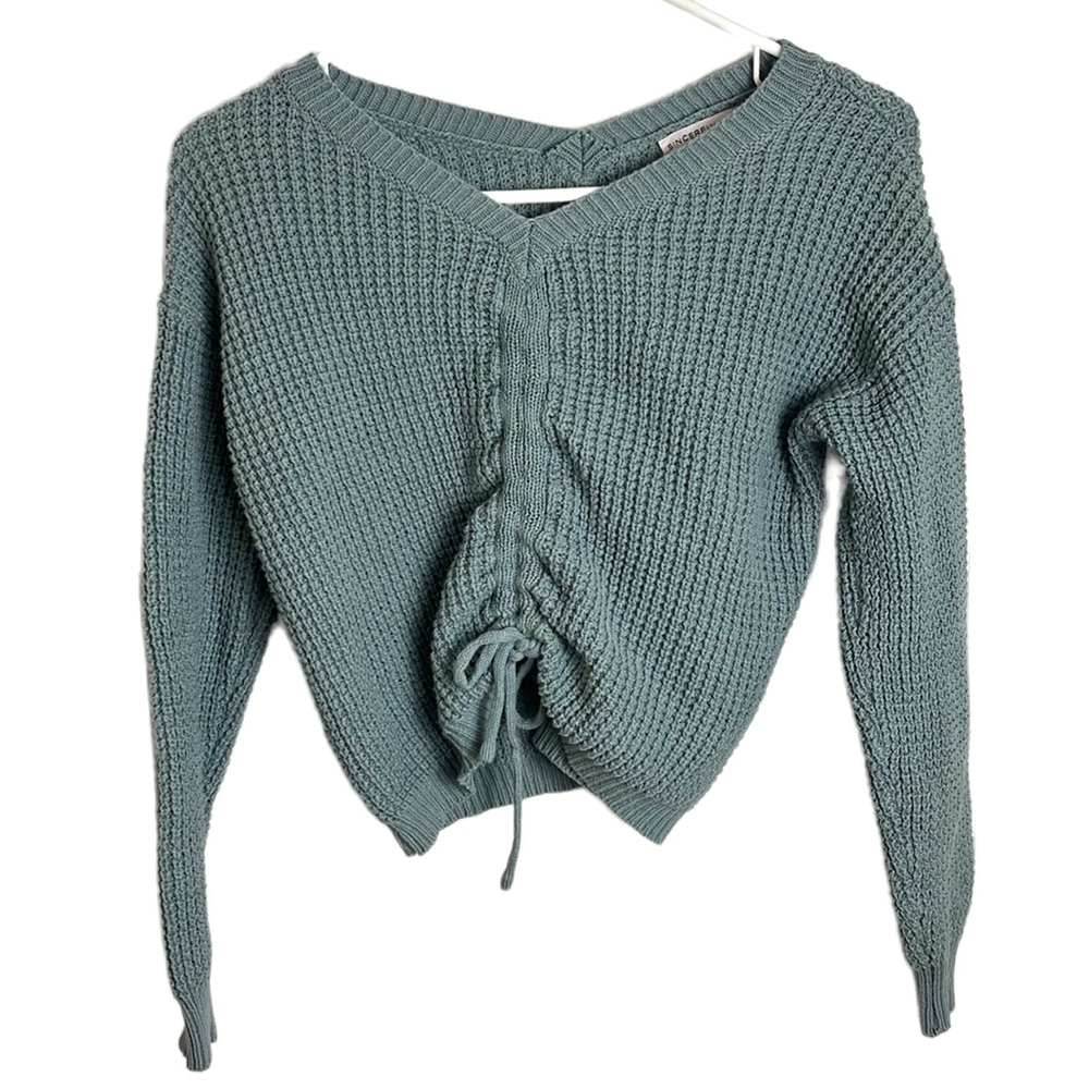 Sincerely Jules Blue Grey Long Sleeve Boho Cottagecore Ruched Front Sweater